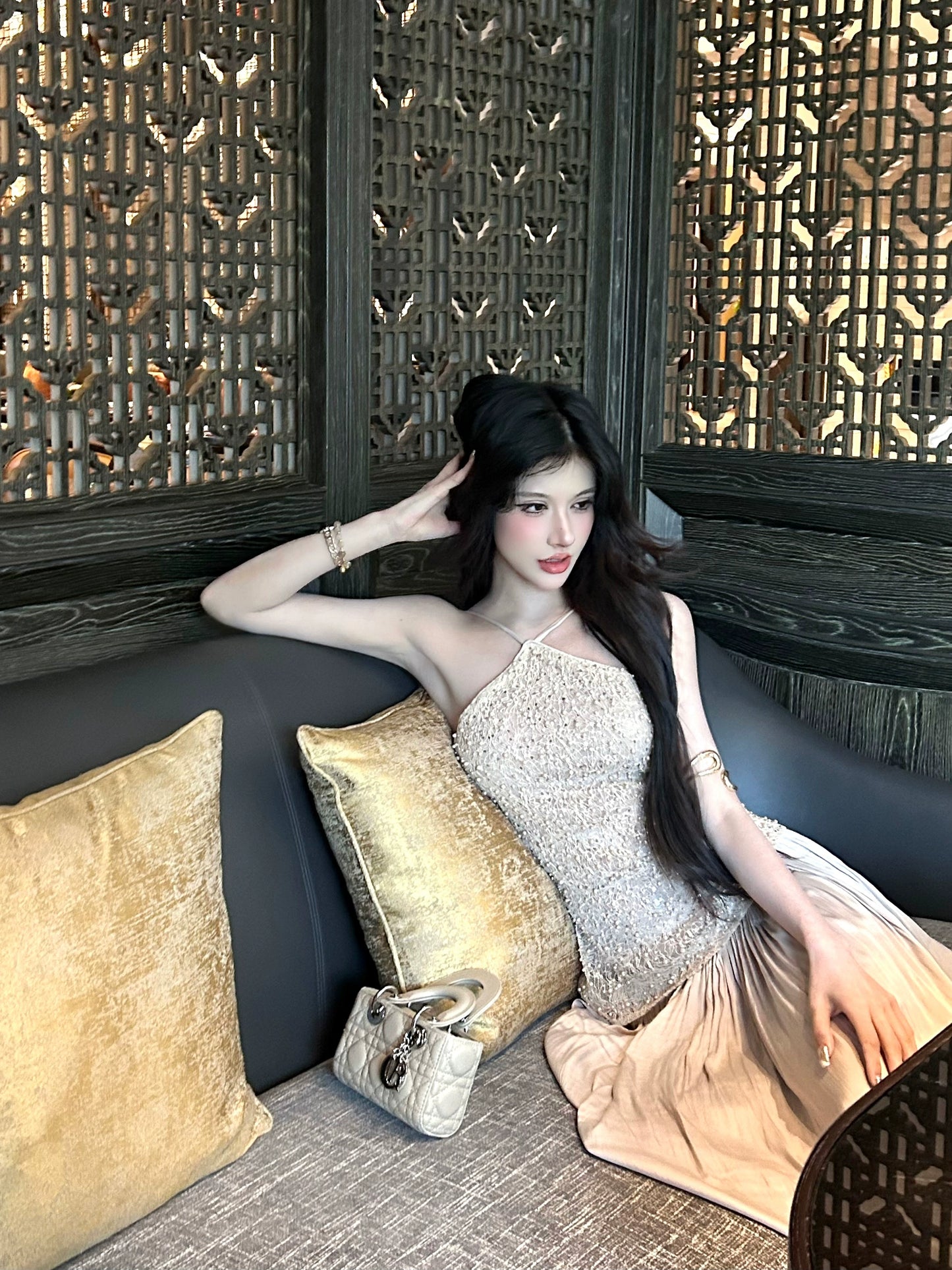【25s Aug.】Lace Stitching Satin Halterneck Dress