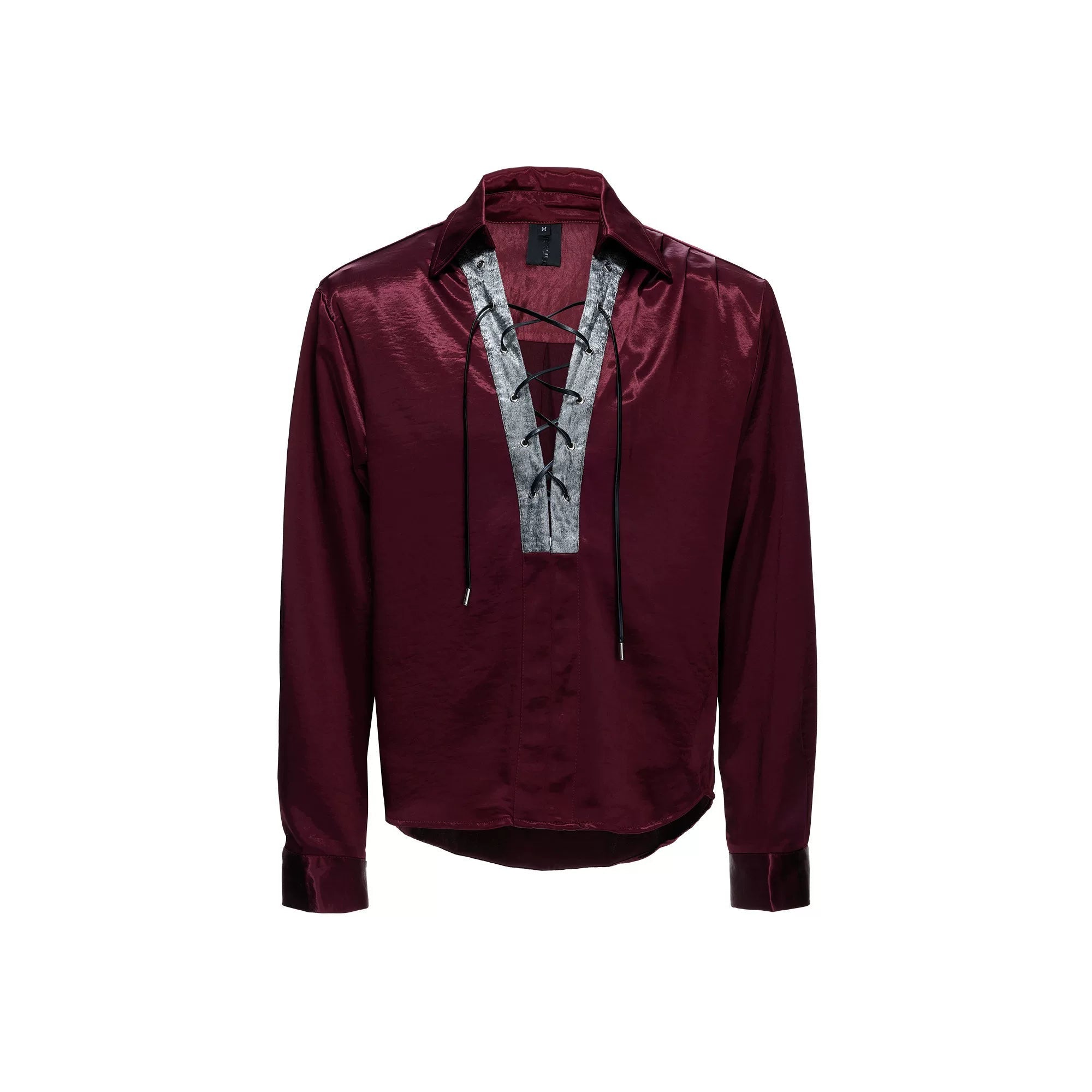 Contrast Lace-Up Satin V-Neck Shirt