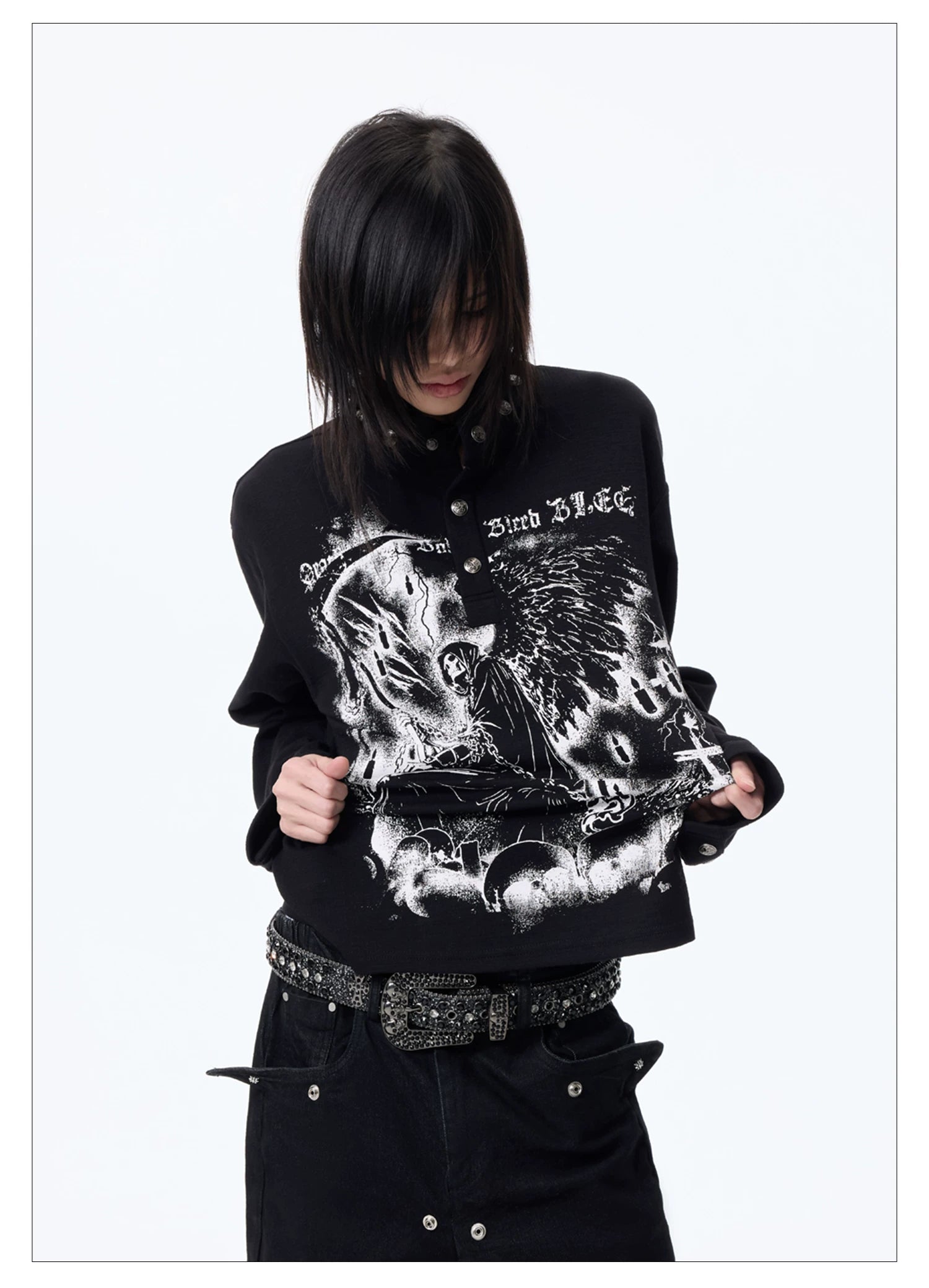 Dark Graphic Button Long Sleeve Tee