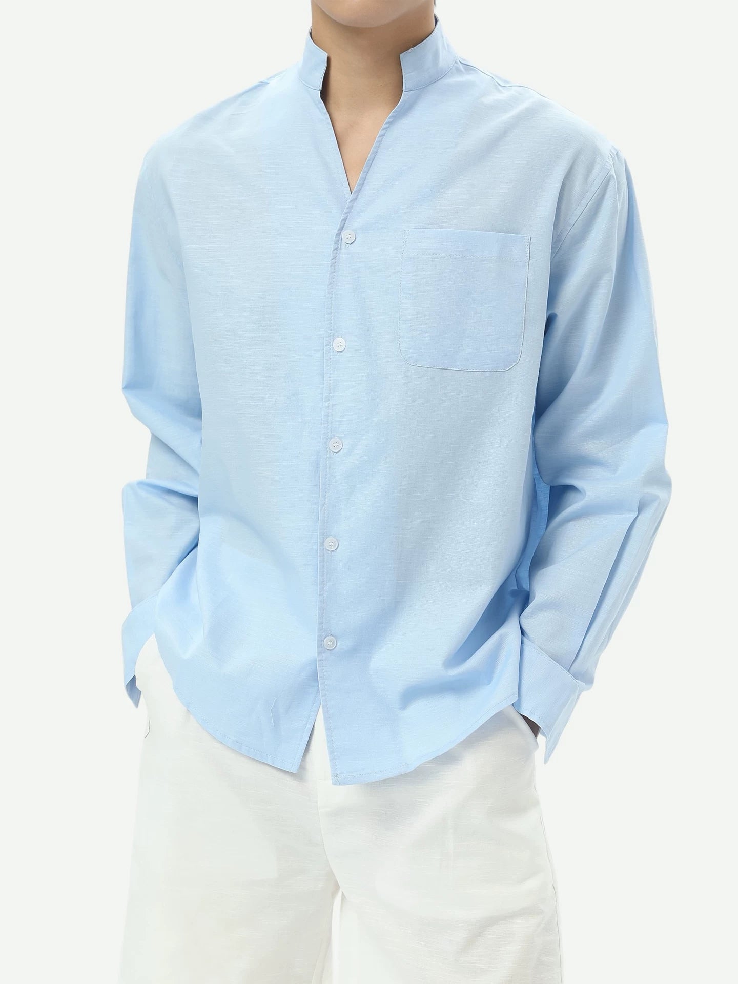 Stand Collar Linen-Texture Shirt