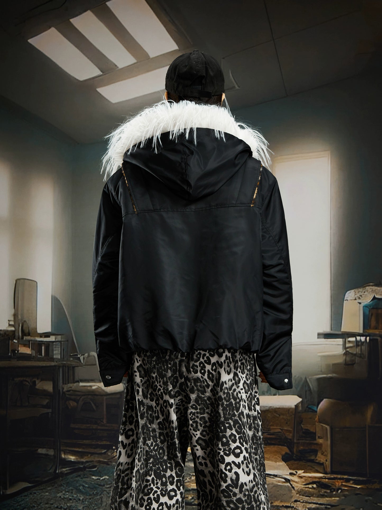 【25s Dec.】Leopard Print Patchwork Long Fur Hooded Jacket