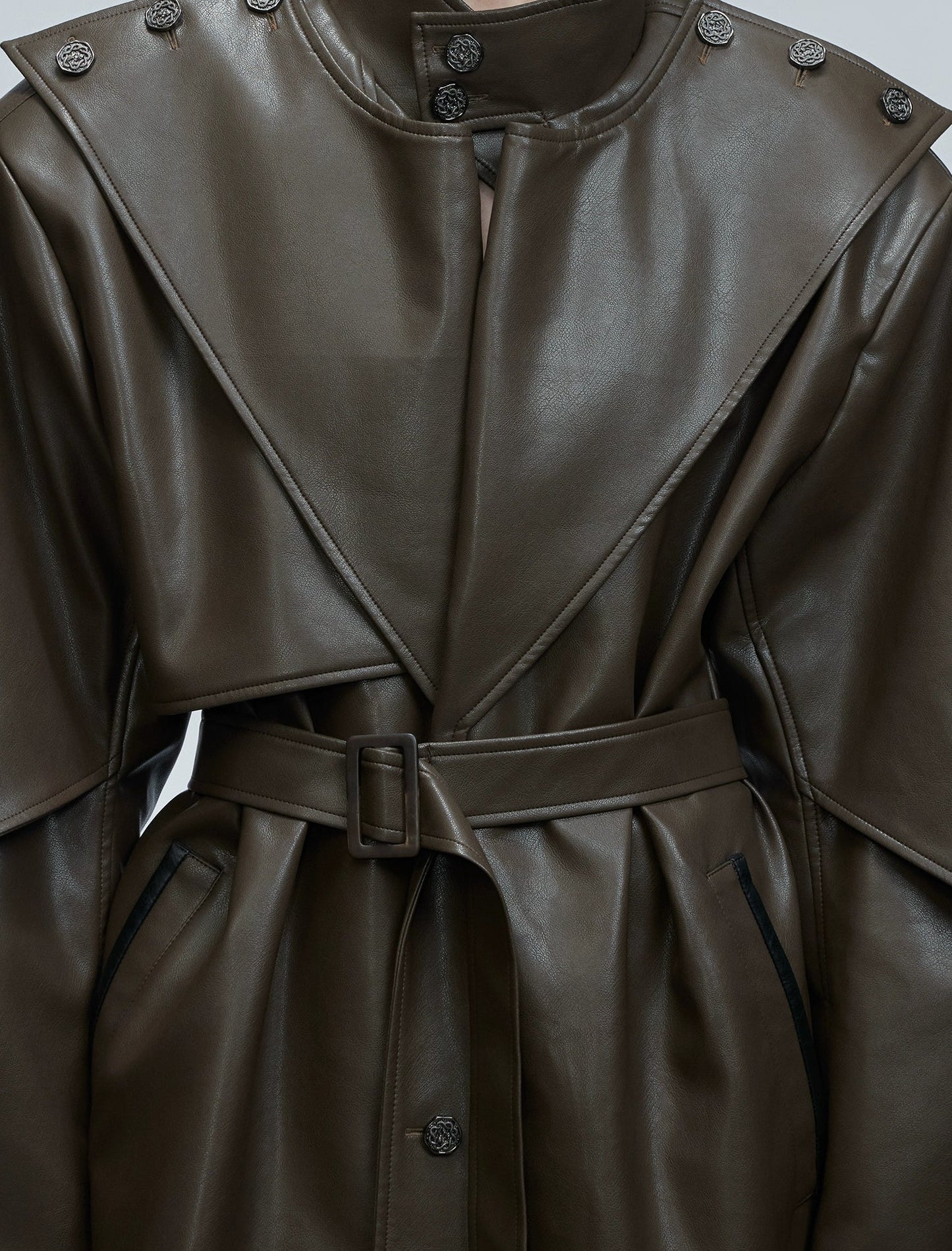 【25s Nov.】Deconstructed Stand-up Collar Copper Coin Button Leather Trench Coat