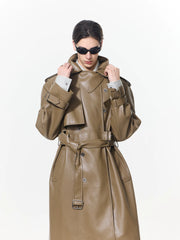 【26s May】Deconstructed PU Leather Double-Breasted Trench Coat