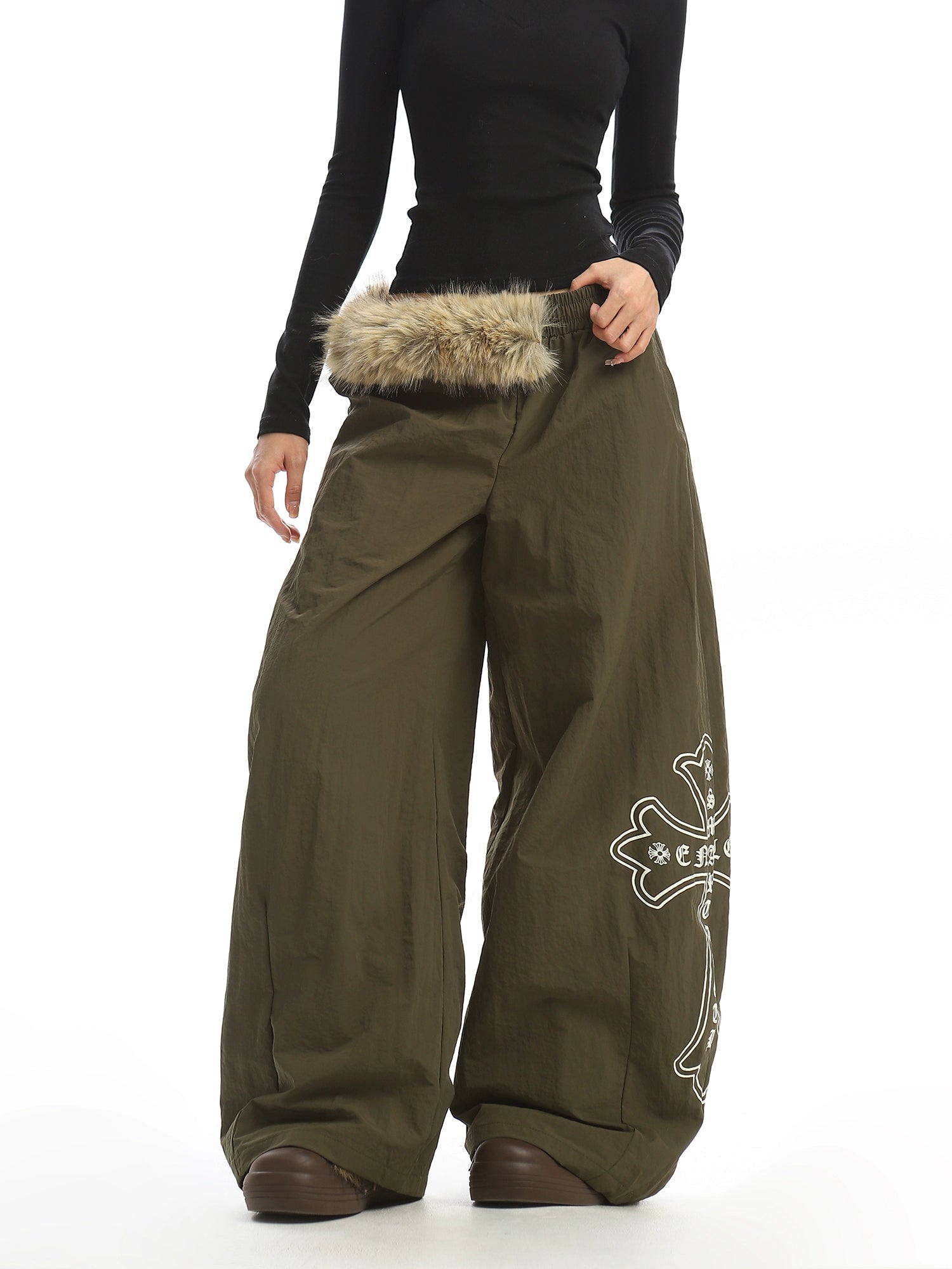 【25s Dec.】Fur Collar Printed Fleece-lined Curved Trousers
