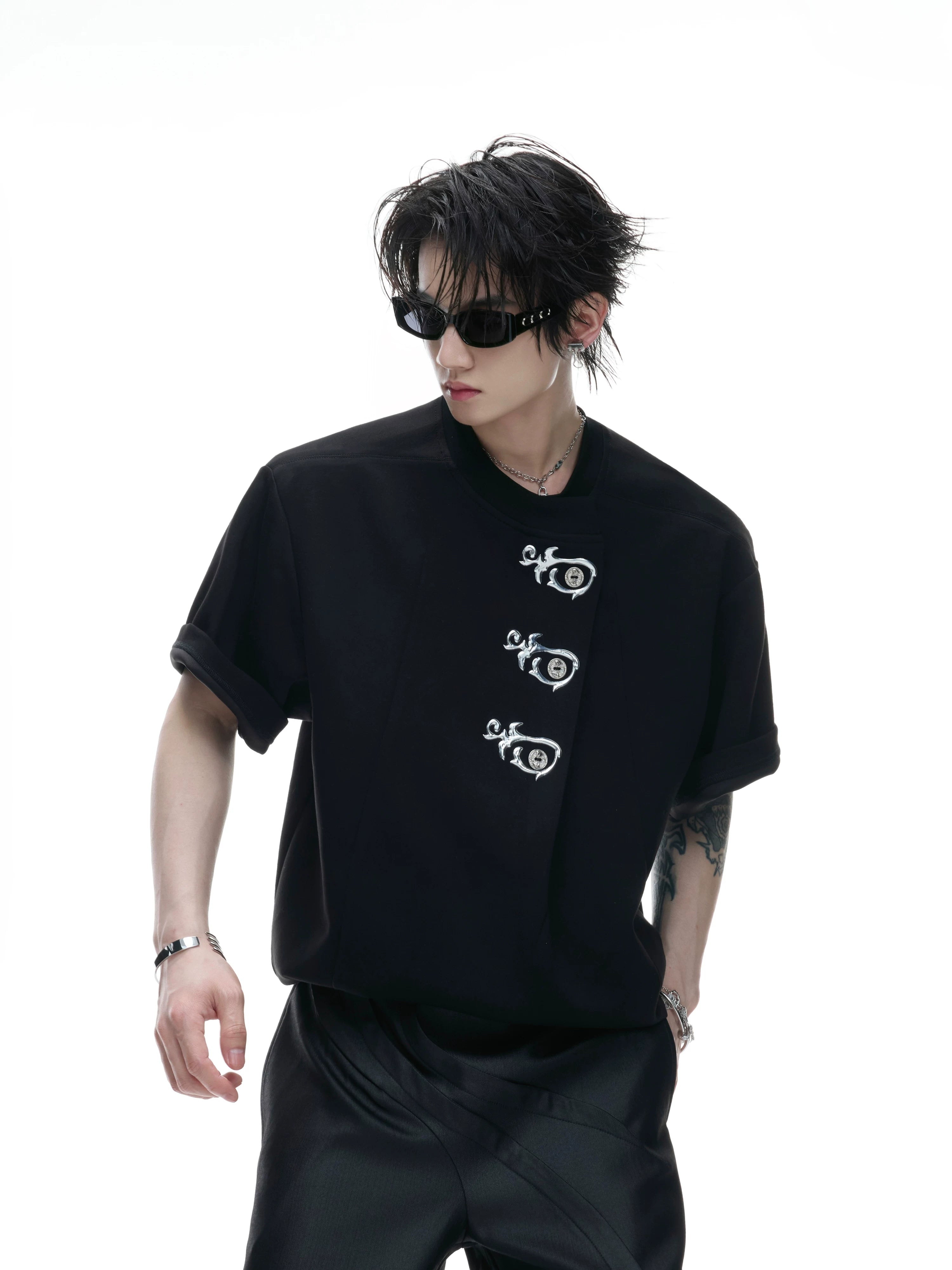 Asymmetric Placket Embroidered Tee