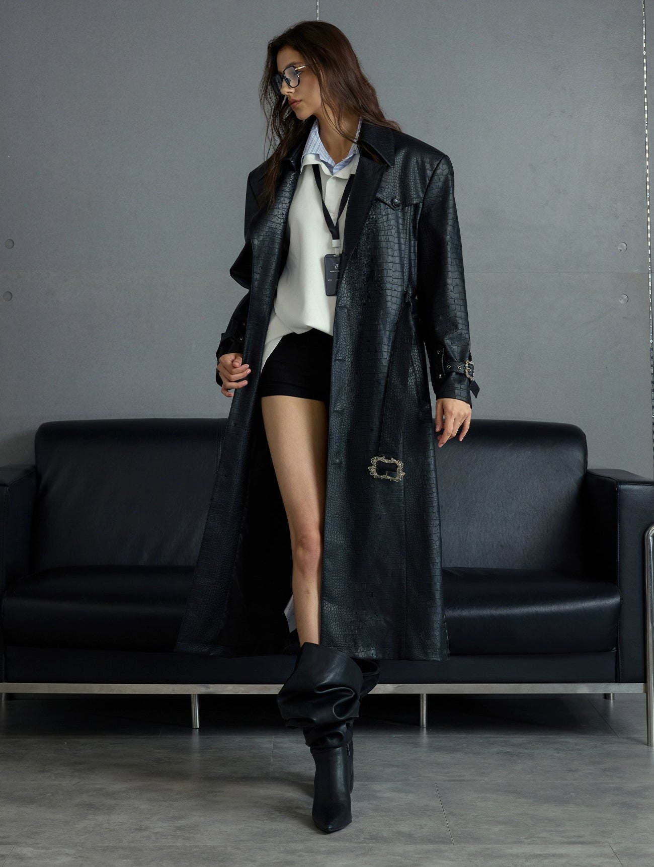 【25s Sep.】Deconstructed Crocodile-effect Metal Buttons Leather Coat
