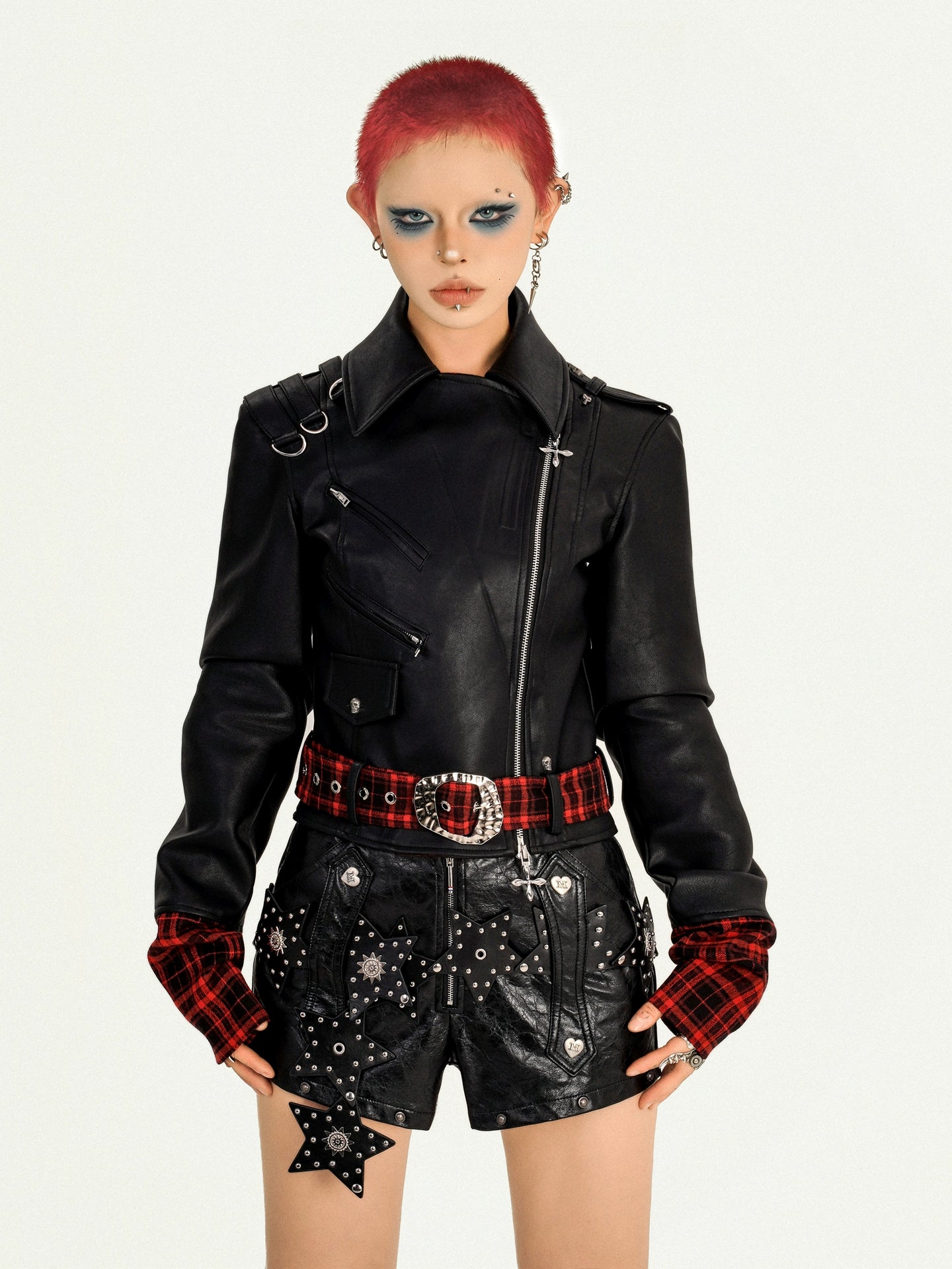 【25s Oct.】Punk Rock Plaid Leather Jacket