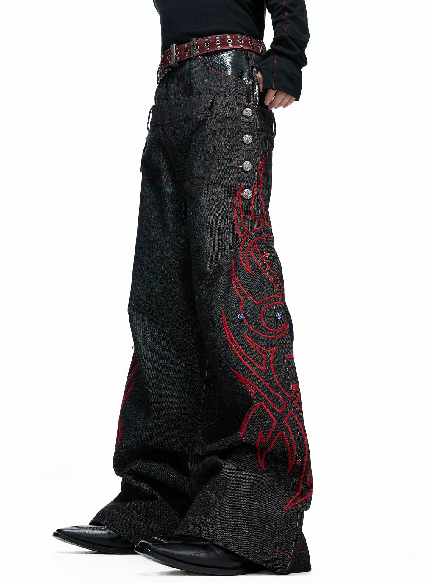 Black Red Raw Denim Embellished Jeans