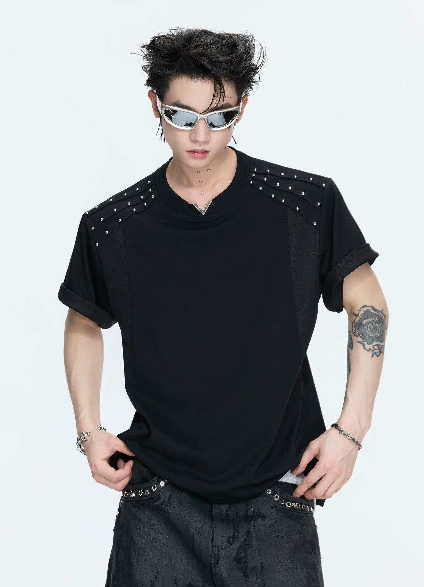 【26s May】Pleated Studded Boxy V-Neck Mesh Lined Tee