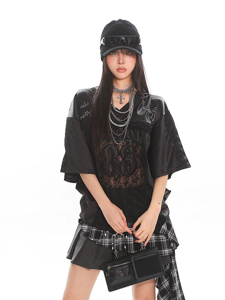 【25s June.】Lace Trim Rhinestone Sporty T-shirt