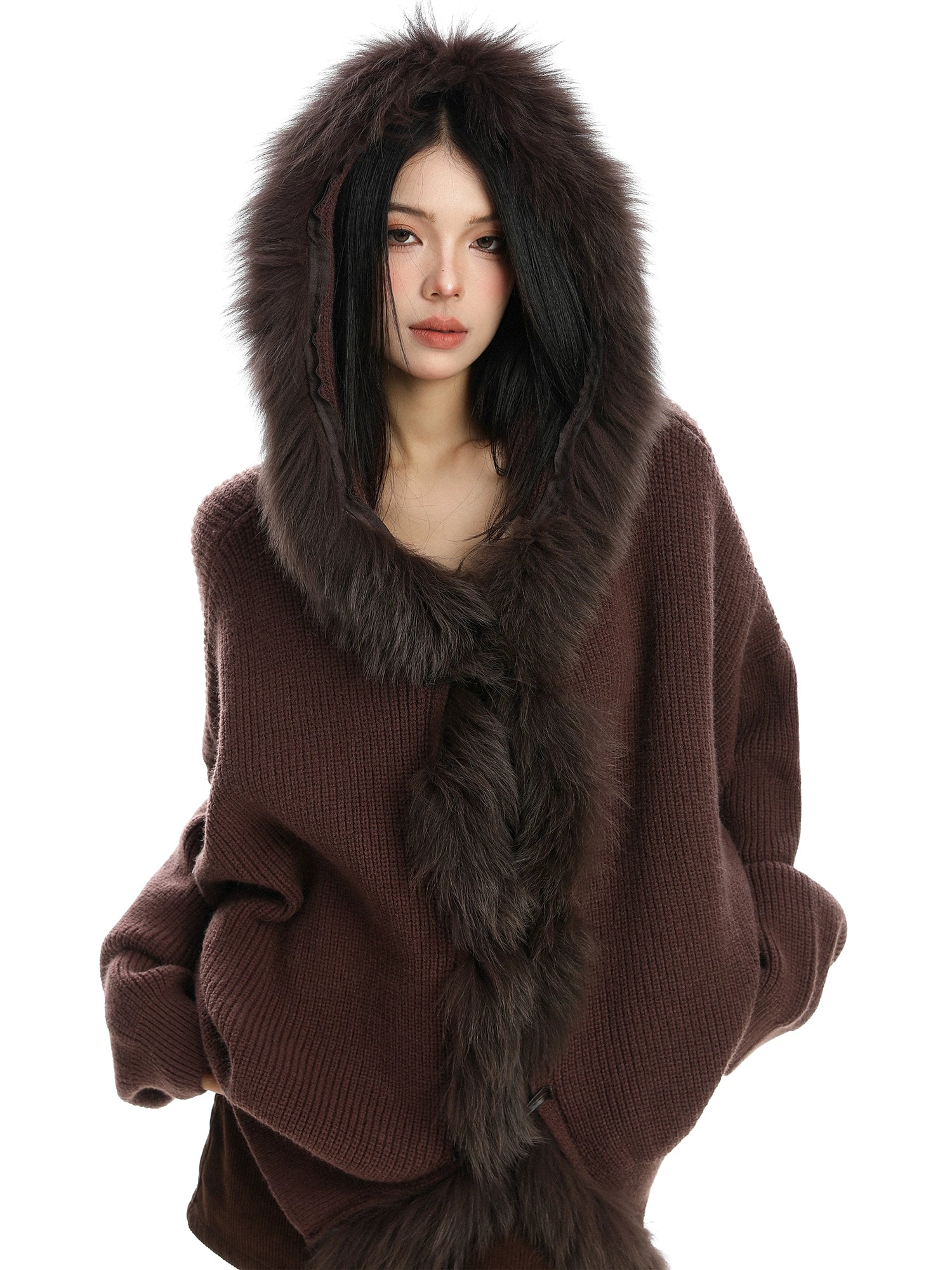 【25s Nov.】Large Fur Collar Hooded Cardigan