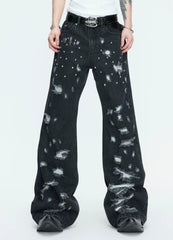 【26s Apr.】Distressed Studded Irregular Flared Denim Pants