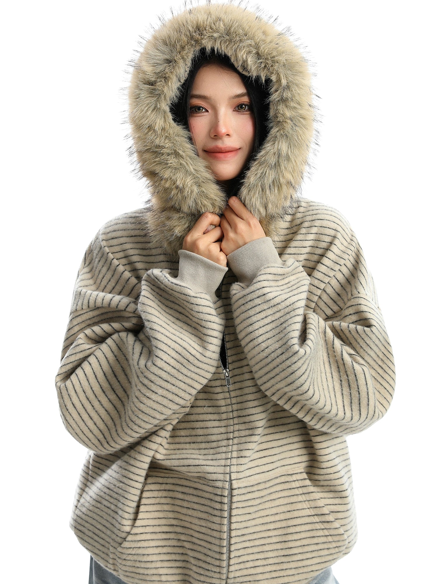 【25s Nov.】Striped Detachable Fur Collar Hooded Sweatshirt