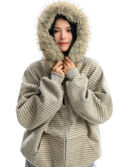 【25s Nov.】Striped Detachable Fur Collar Hooded Sweatshirt