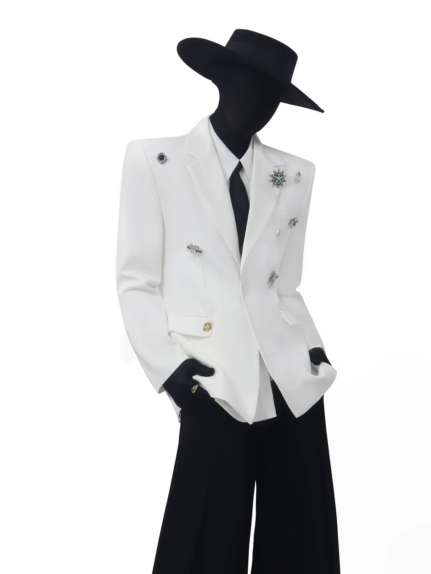 Metal Brooch White Blazer