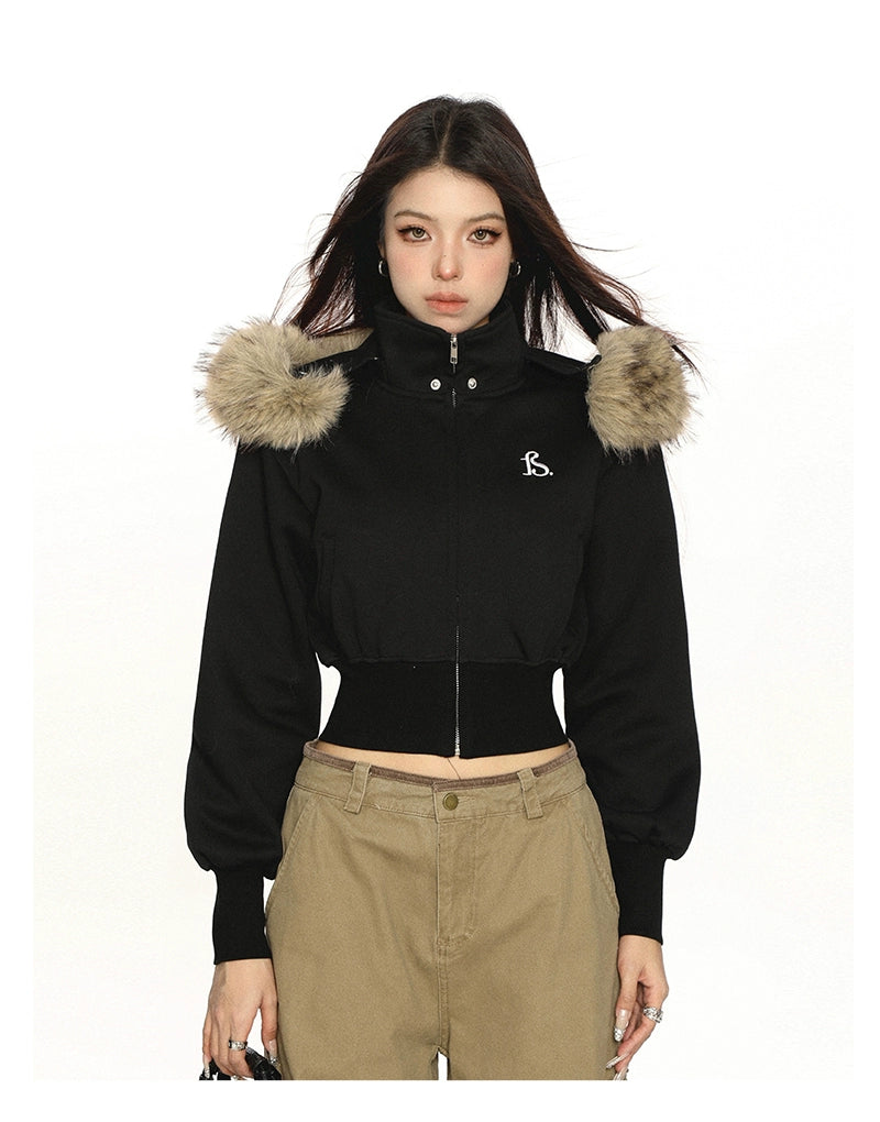 【25s Nov.】Detachable Fur Collar Hooded Short Jacket