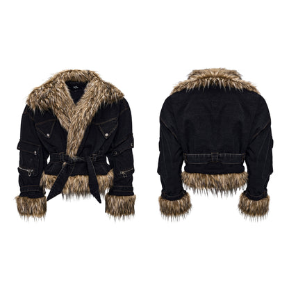 【25s Nov.】Fur-trimmed Denim Batwing Sleeve Jacket