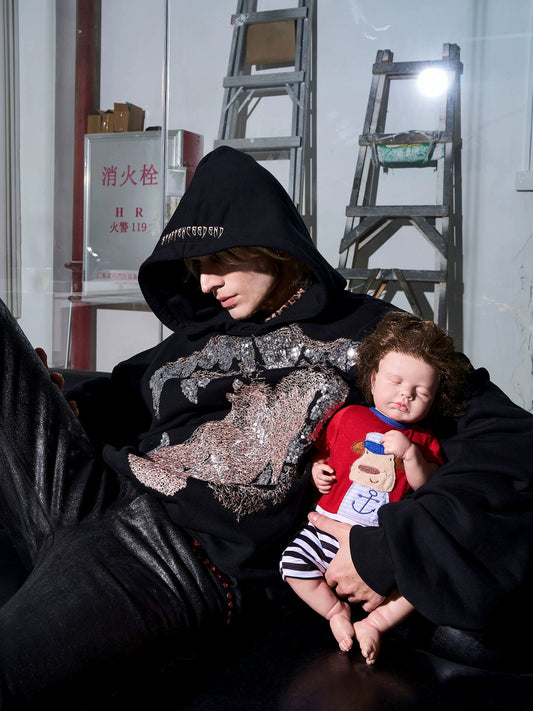 【25s Nov.】Batwing Sleeve Fang Sequined Letter Embroidered Hoodie