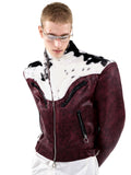 【25s Oct.】Cow Print Diagonal Zipper Plush Patchwork Leather Jacket