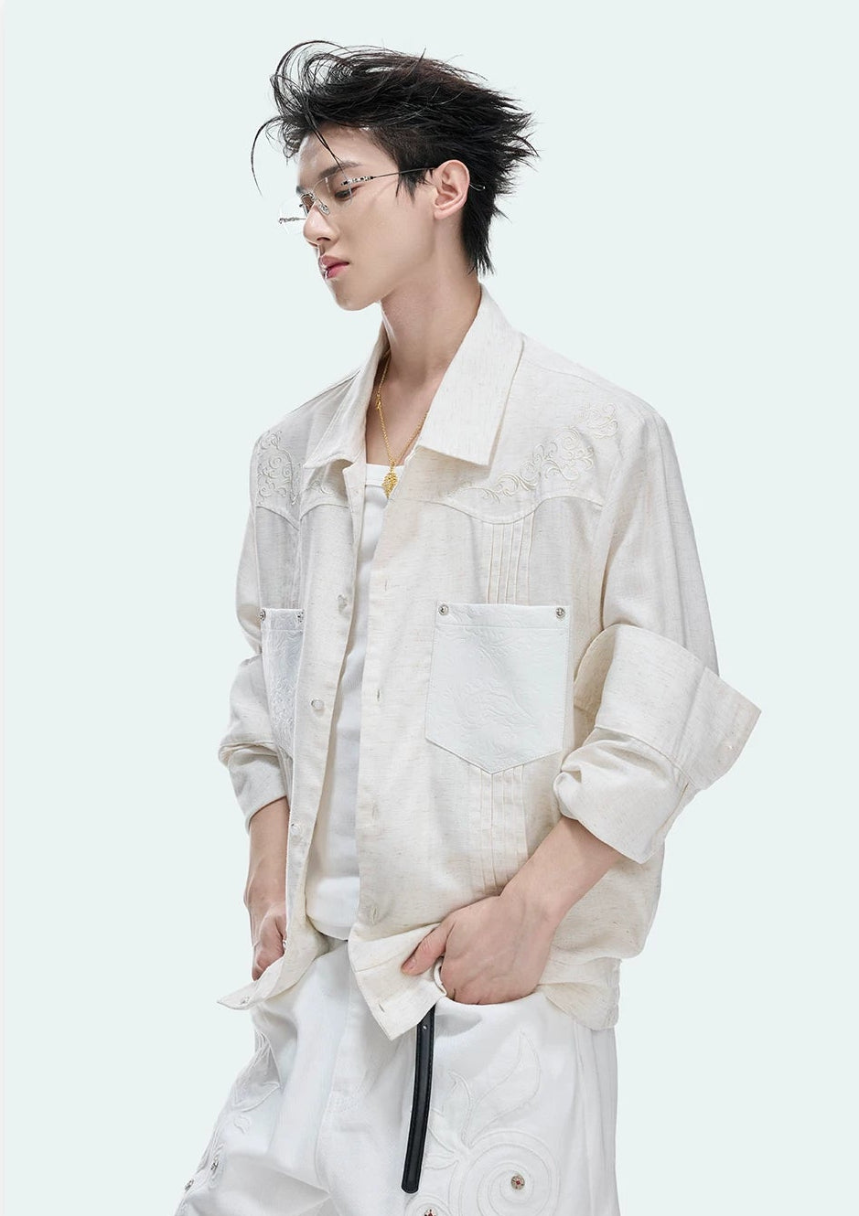 Floral Embroidered Linen Shirt Jacket