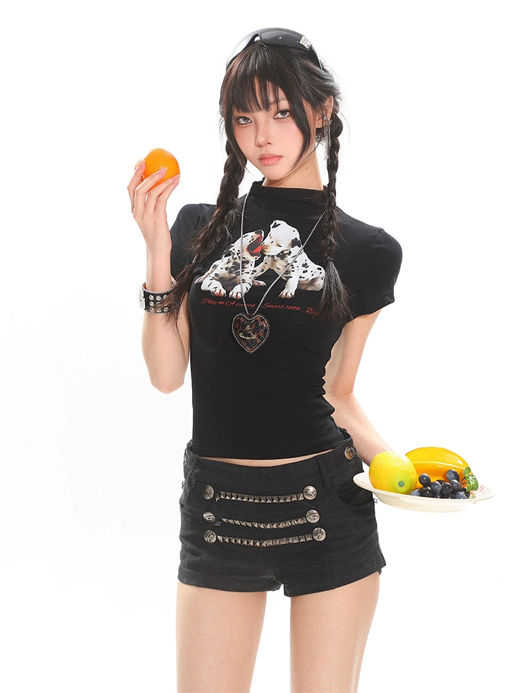 【25s Jul.】Spotted Puppy Fitted Shoulder Tee