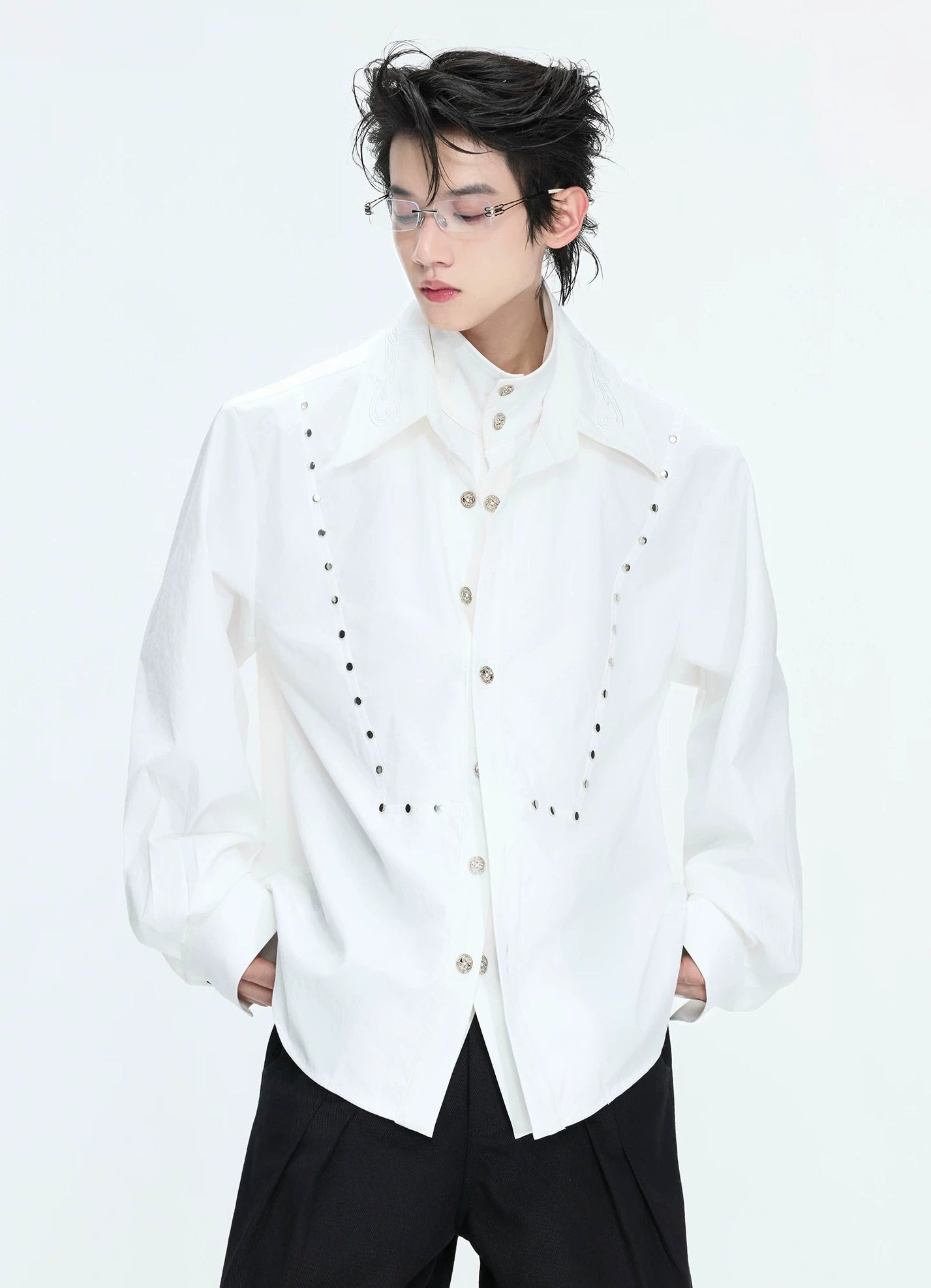【26s May】Linen Blend Layered Studded Embroidered Shirt