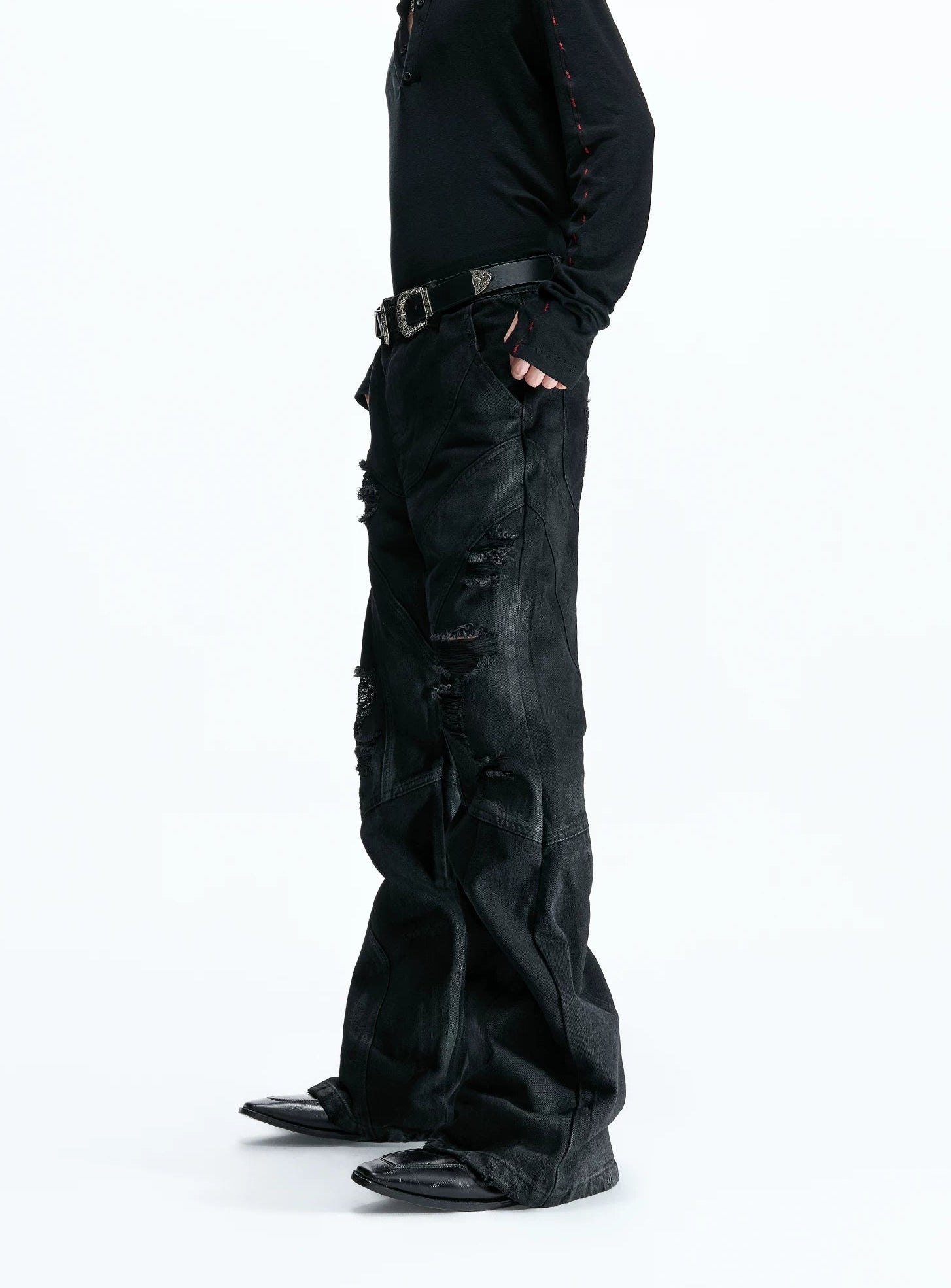 Deconstructed Wax Coated Flared Jeans