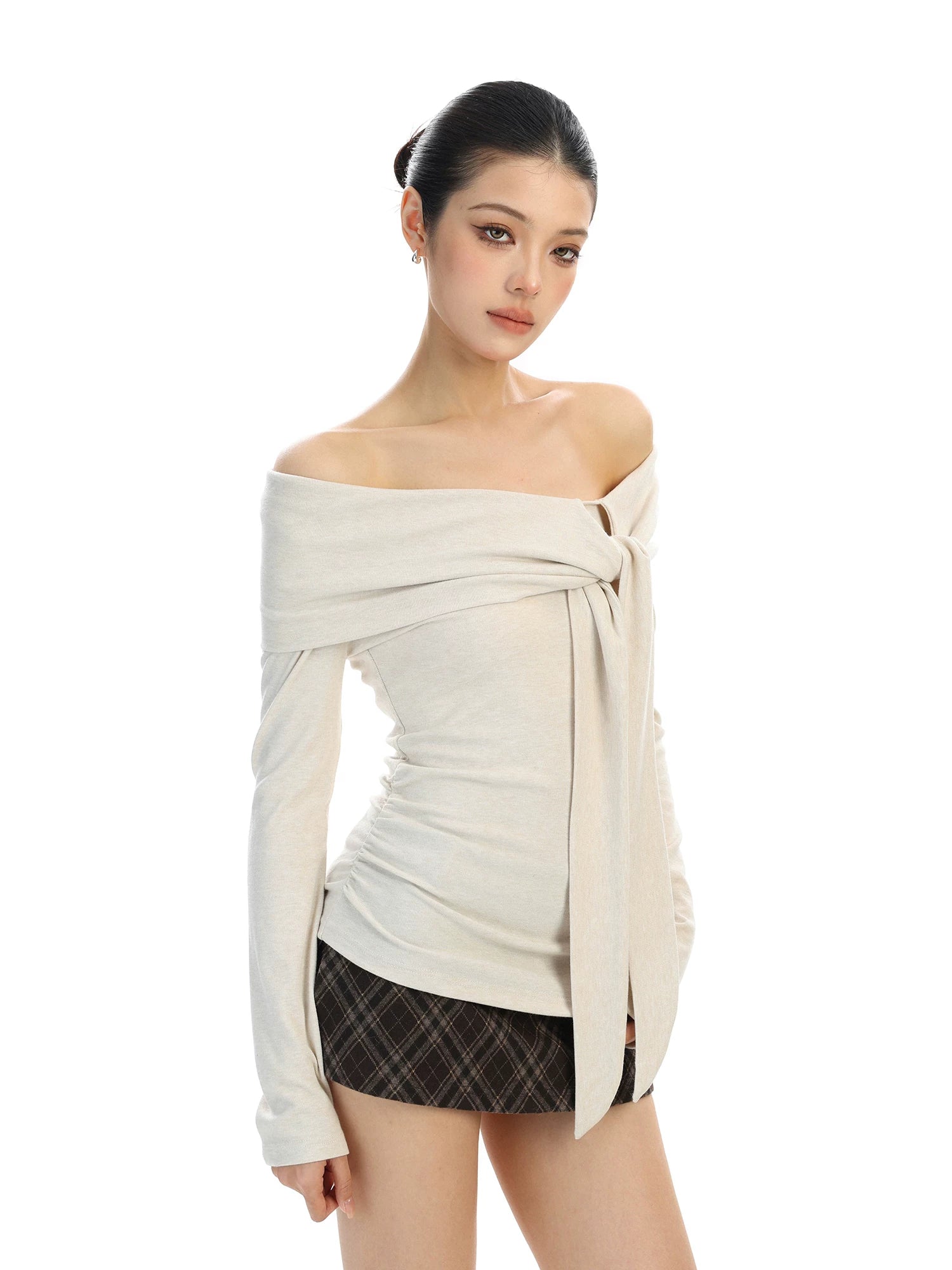 【26s Feb.】Ribbon Off-Shoulder Long-Sleeve Slim Fit Top