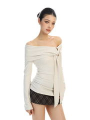 【26s Feb.】Ribbon Off-Shoulder Long-Sleeve Slim Fit Top