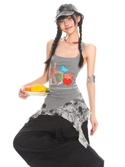 【25s Jun.】Starfish Rhinestone Lace Hollow-Out Asymmetrical Hem Tank Top