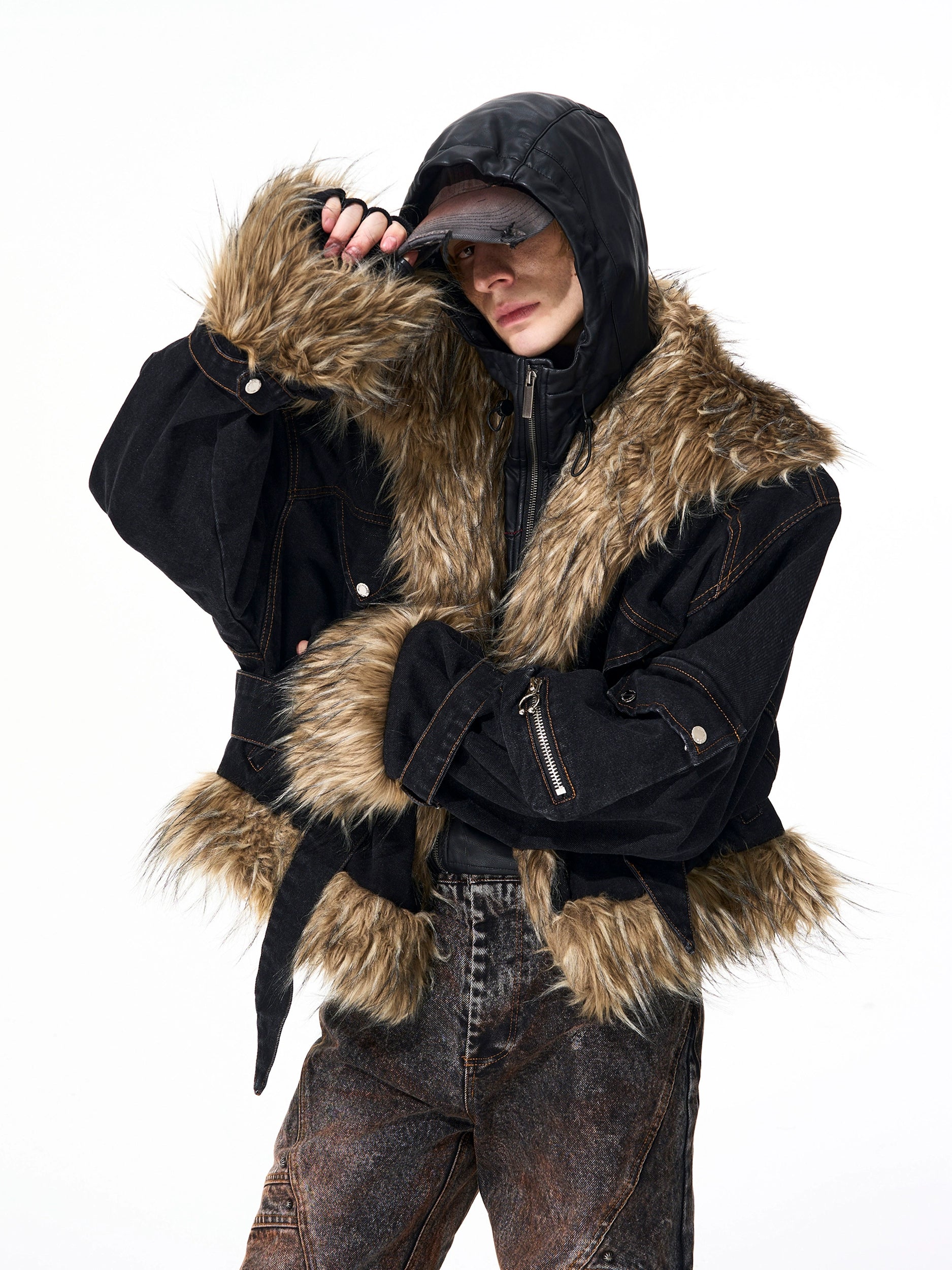 【25s Nov.】Fur-trimmed Denim Batwing Sleeve Jacket