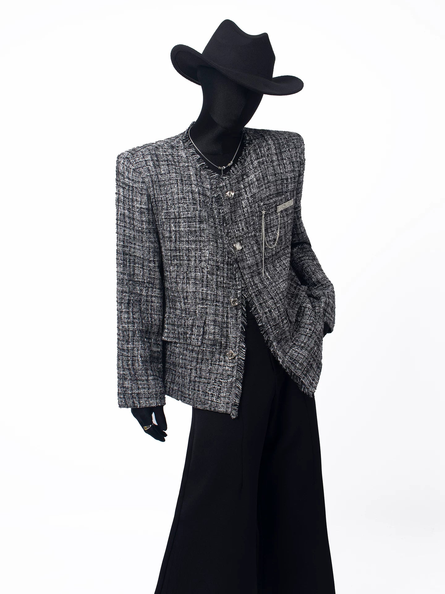 Frayed Trim Cropped Tweed Jacke
