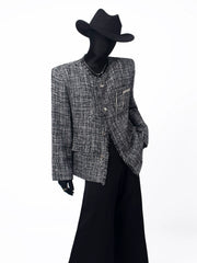Frayed Trim Cropped Tweed Jacke