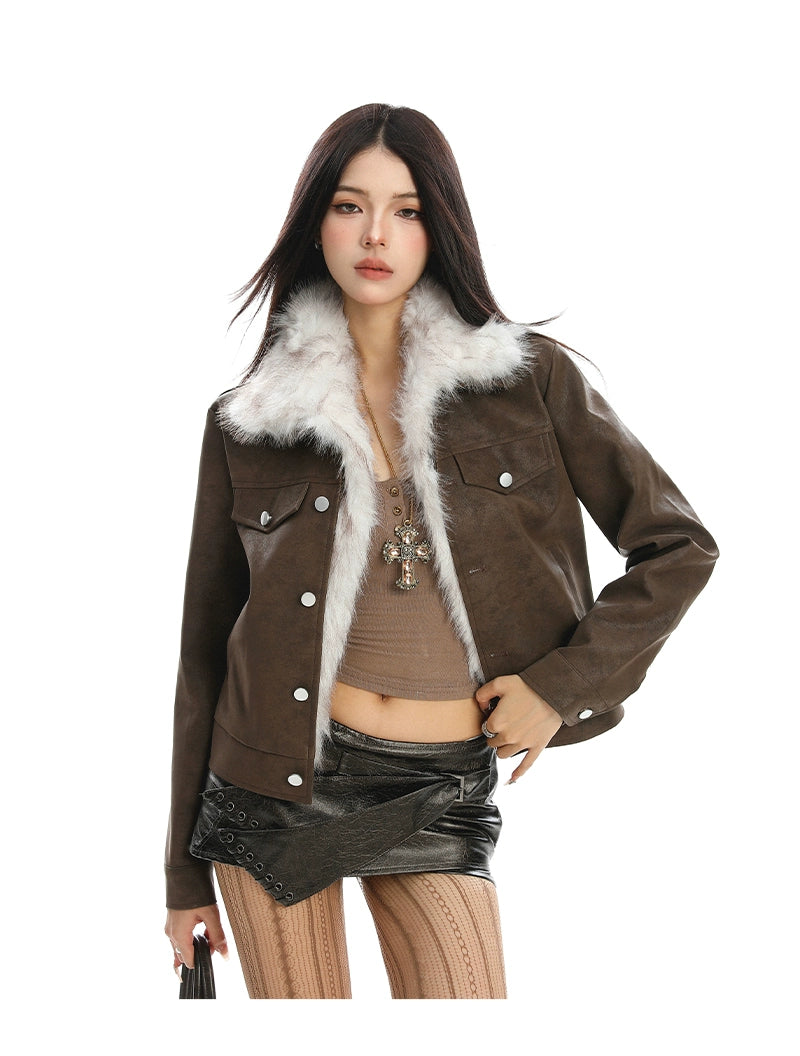 【25s Nov.】Fur Collar Slim-fit Leather Jacket