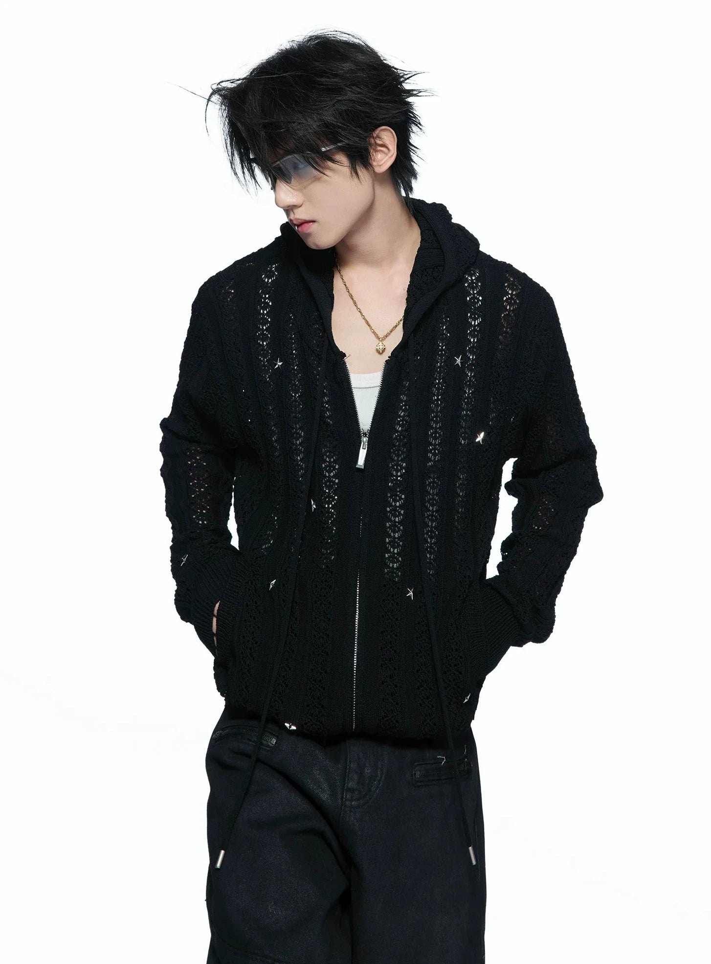 Slim Hollow-Out Star Studded Hooded Knit Zip Cardigan