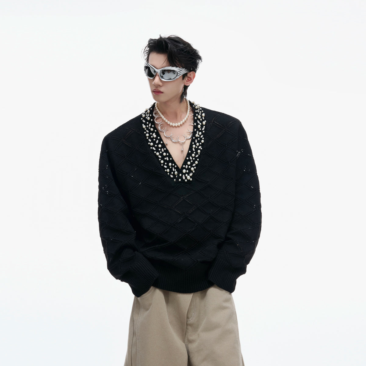 【25s Sep.】Diamond-embellished Diamond-patterned V-neck Sweater