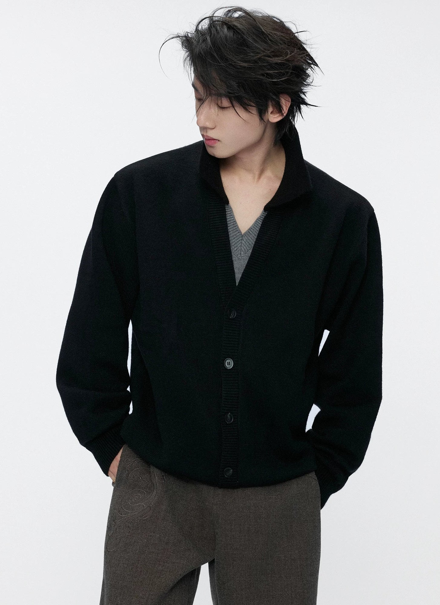 Double V-Neck Contrast Layered Sweater