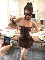 【25s Apr.】Off-Shoulder Plaid Corset Dress