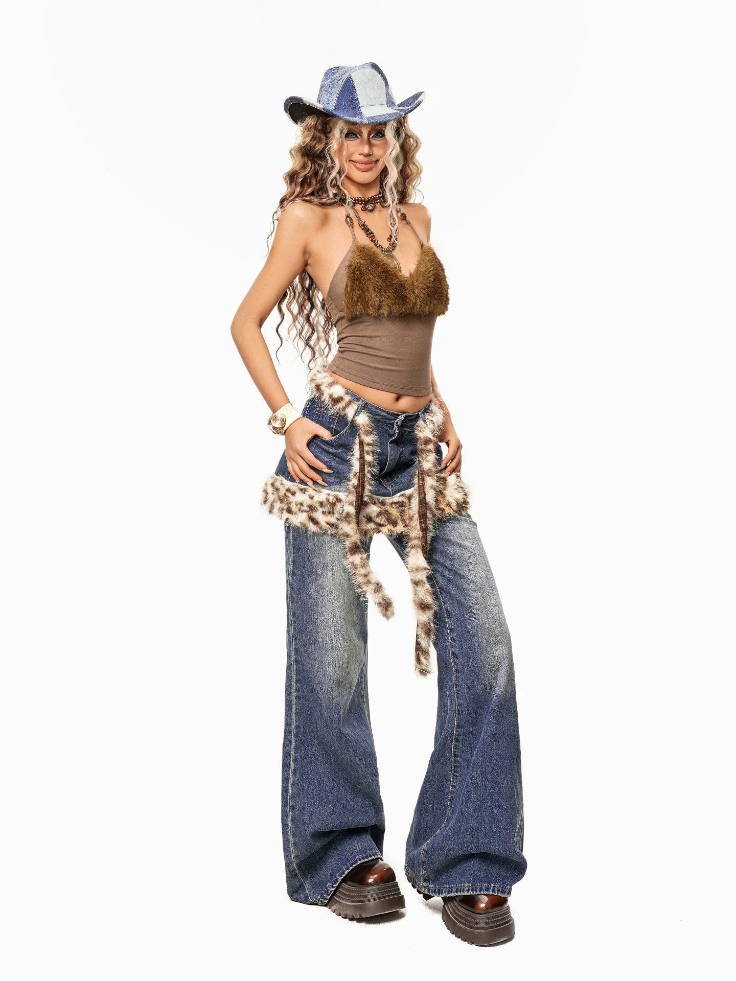 【26s Jan.】Leopard Faux-Layer Fur Panel Wide-Leg Denim Pants