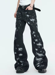 【26s Apr.】Distressed Studded Irregular Flared Denim Pants