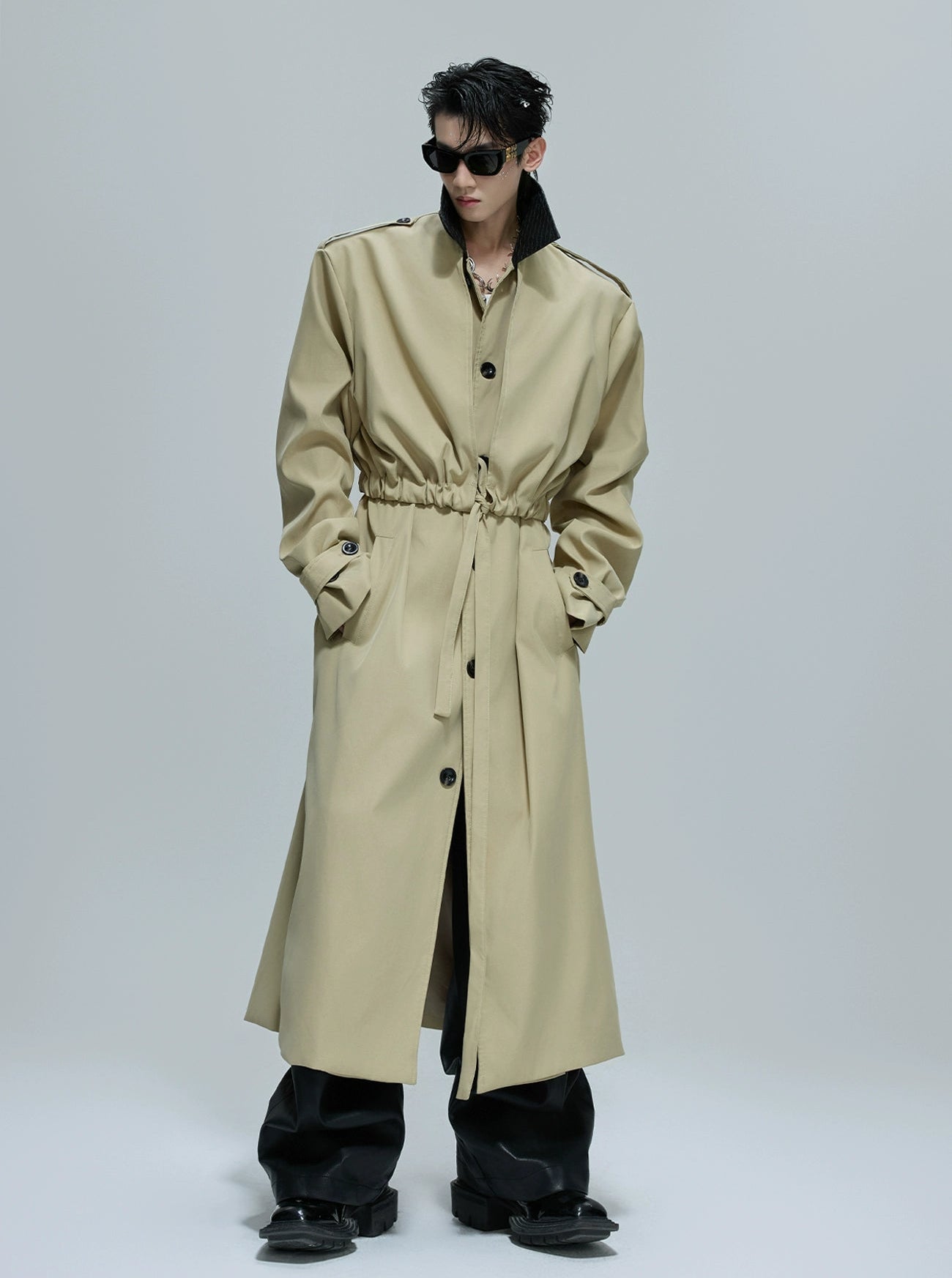 【25s Nov.】Long Patchwork Leather Casual Trench Coat