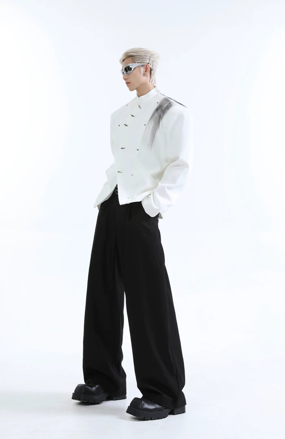 【26s Jan.】Ink-Splashed Stand Collar Metal-Detail Blazer Jacket