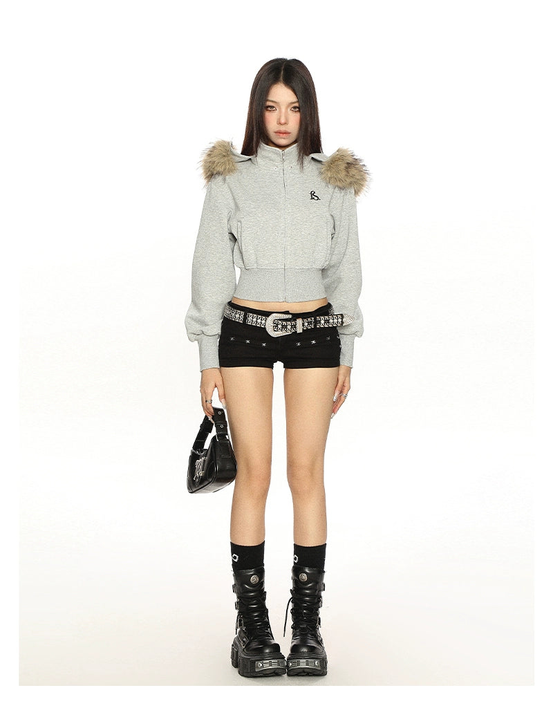 【25s Nov.】Detachable Fur Collar Hooded Short Jacket