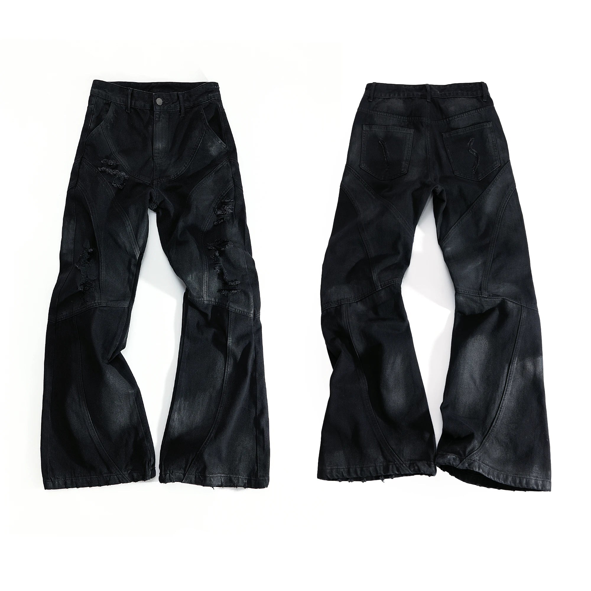 Deconstructed Wax Coated Flared Jeans