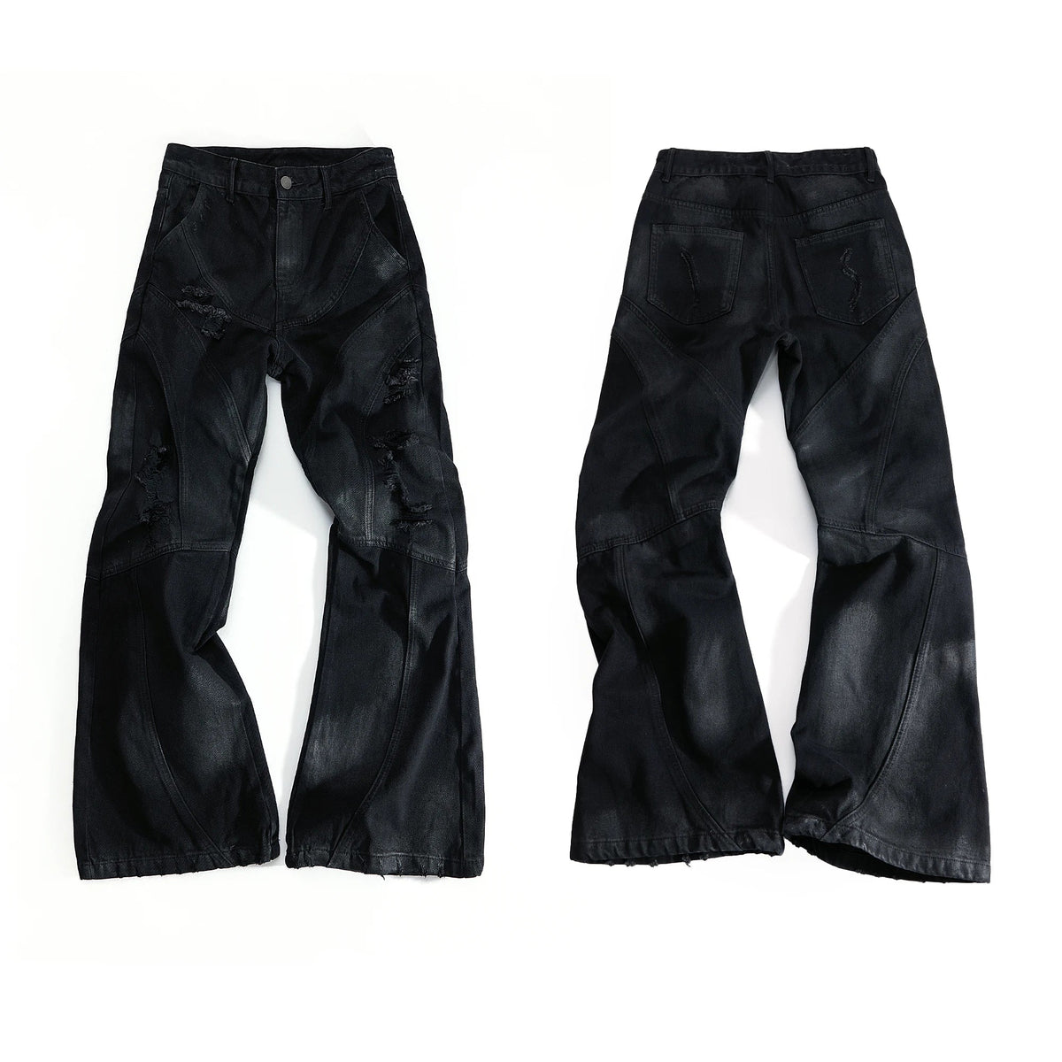 Deconstructed Wax Coated Flared Jeans