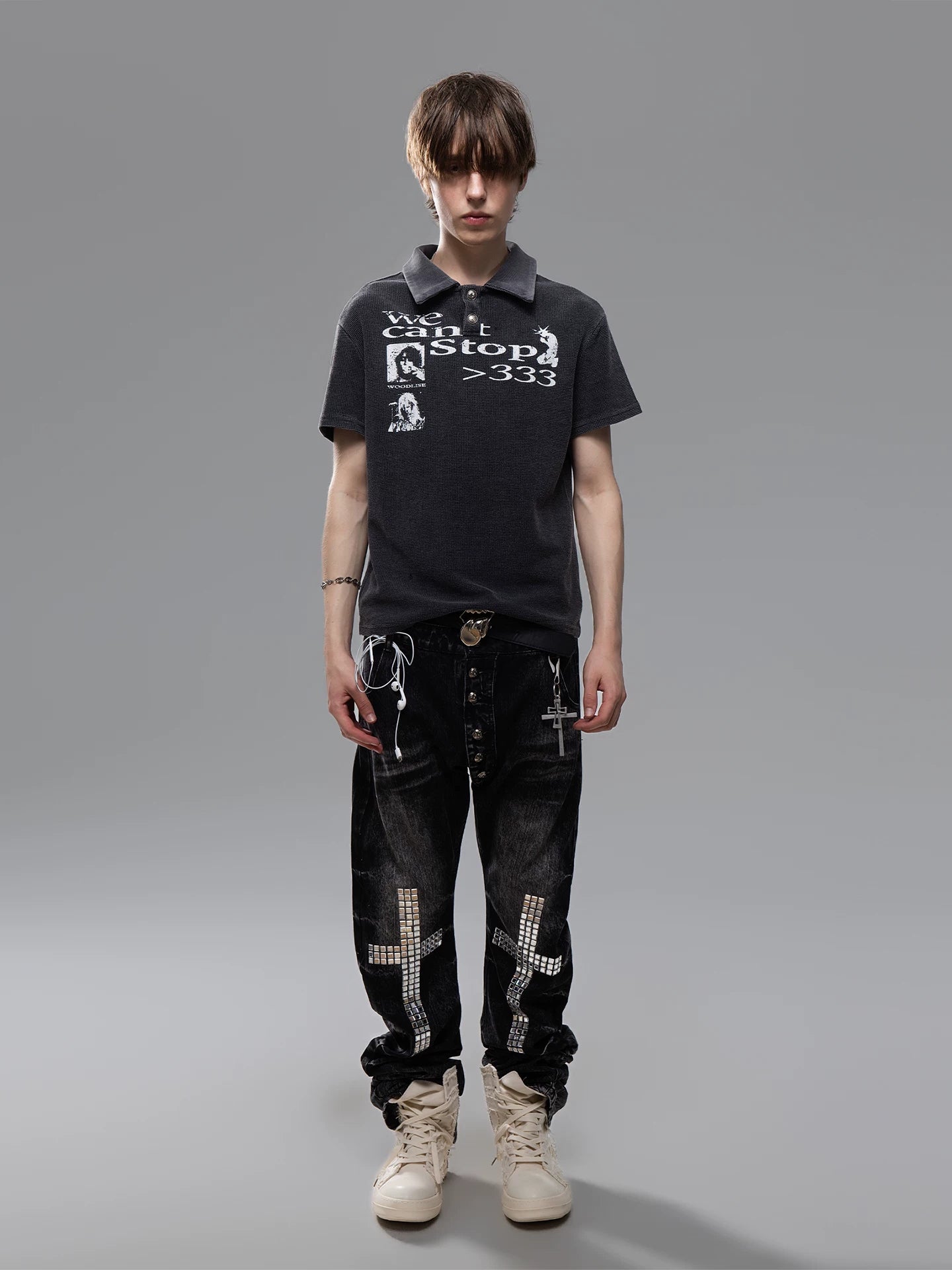 Distressed Waffle Boxy Polo Tee