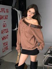 【25s Sep.】Belt with Off-shoulder Lazy Style Sweatshirt