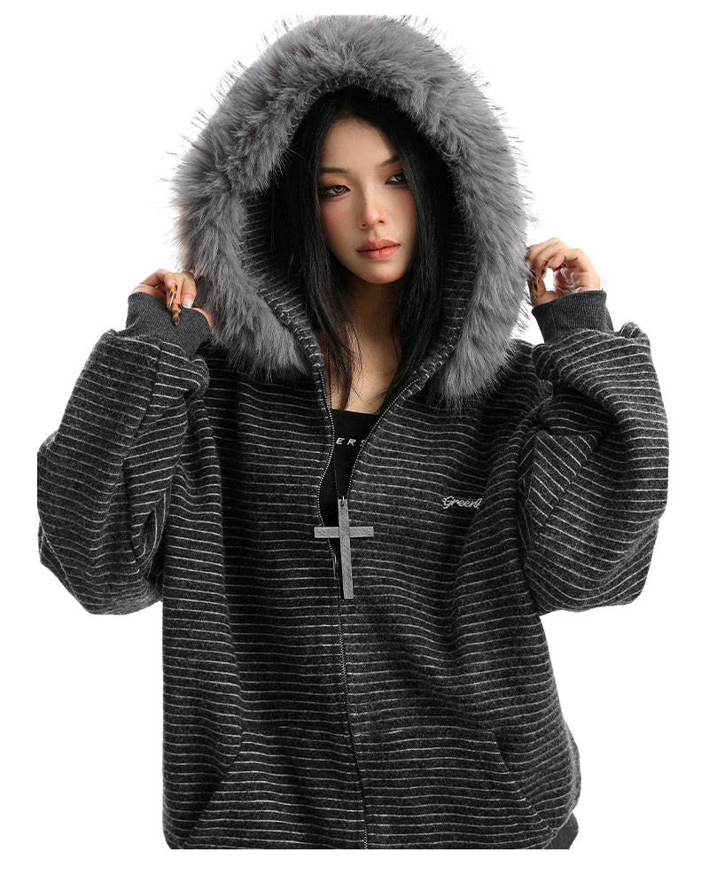 【25s Nov.】Striped Detachable Fur Collar Hooded Sweatshirt