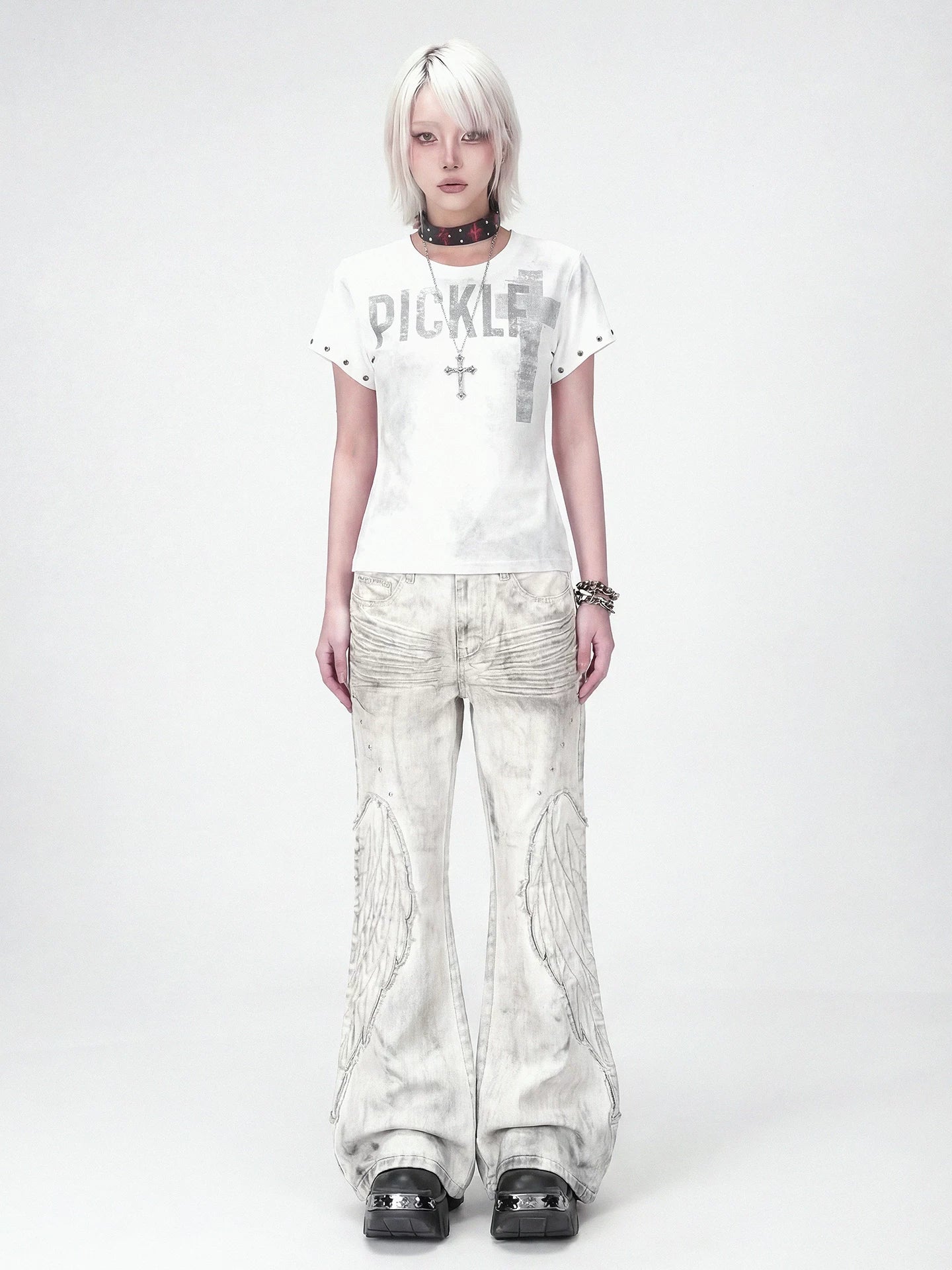【26s Apr.】Distressed Wing Patch Flared Pants