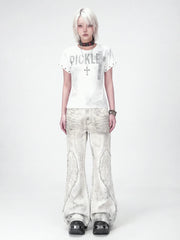 【26s Apr.】Distressed Wing Patch Flared Pants